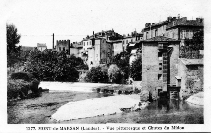 Vue pittoresque et chutes du Midou, vers1920 (carte postale ancienne). - Mont-de-Marsan