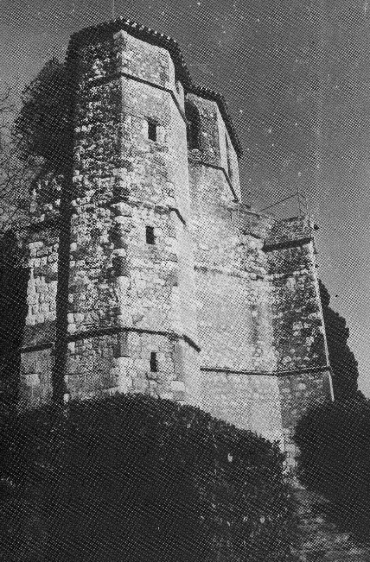 L'église de Saint-Cricq est pourvue d'un robuste clocher-tour flanqué d'une tourelle octogonale rajoutée au XVIe siècle (photo de 1980, églies anciennes du Gabardant). - Parleboscq
