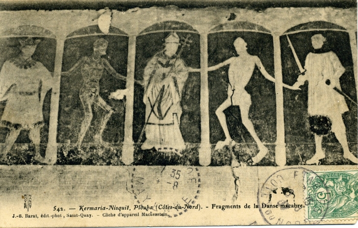 Chapelle Kermaria-Nisquit - Fragments de la Danse Macabre (carte postale de 1907) - Plouha