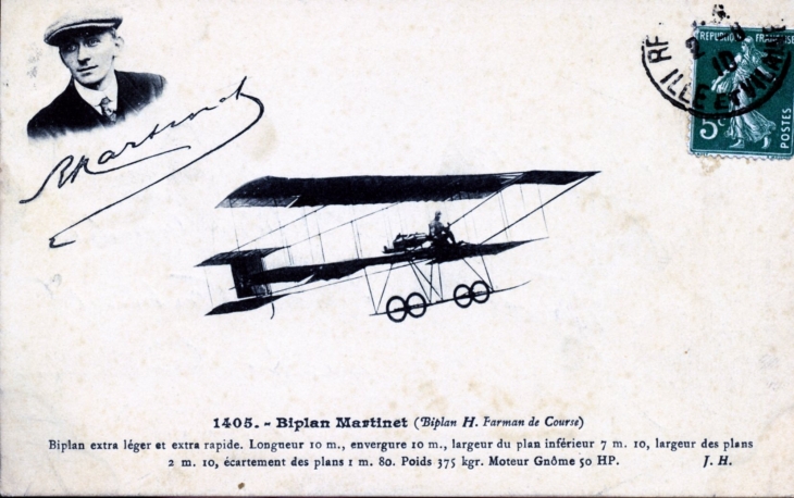 Biplan Martinet, vers 1910 (carte postale ancienne). - Rouen
