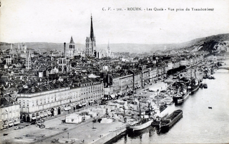 Les Quais - Vue prise du Transbordeur,vers 1919 (carte postale ancienne). - Rouen