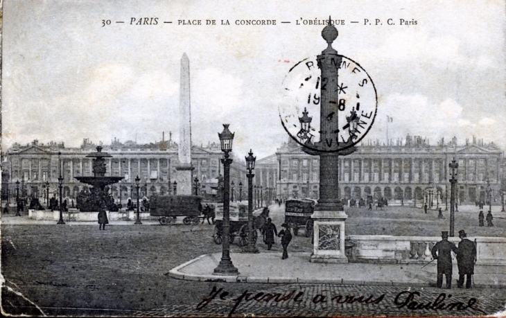 Place de la Concorde - L'obélisque, vers 1904 (carte postale ancienne). - Paris 8e Arrondissement
