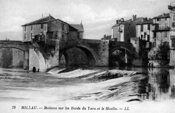Maisons sur les bordsdu Tarn et le Moulin, vers 1905 (carte postale ancienne). - Millau