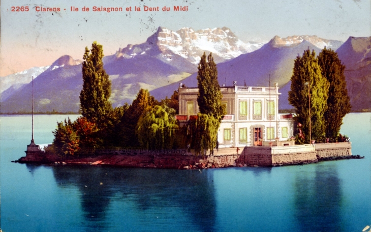 Ile de Salagnon et la Dent du Midi, vers 1913 (carte postale ancienne). - Clarens