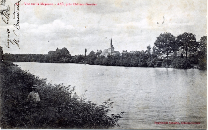 Vue sur la Mayenne, vers 1904 (carte postale ancienne). - Azé