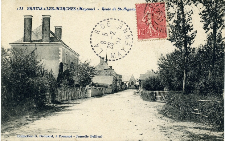 Route de Saint-Aignan (carte postale de 1907) - Brains-sur-les-Marches