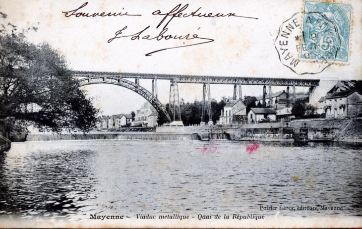 Viaduc metallique - quai de la république, vers 1905 (carte postale ancienne). - Mayenne
