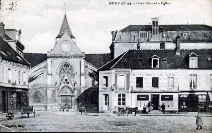 Place Cantrel, l'église, vers 1913 (carte postale ancienne). - Mouy