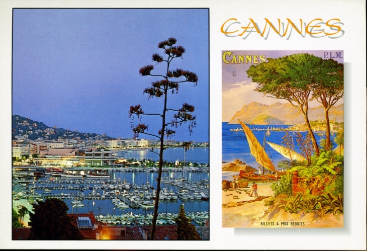 Vue générale et affiche ancienne (carte postale). - Cannes