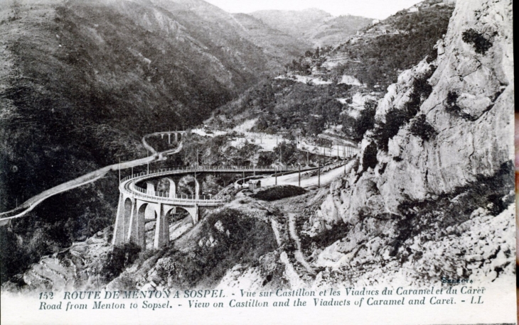 Vue sur Castillon et les Viaducs du Carantel et du Careï, vers 1920 (carte postale ancienne). - Menton