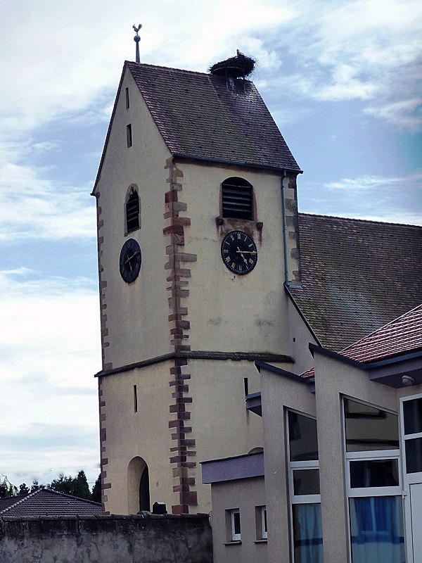 Le clocher de l'église luthérienne et son nid de cigognes - Andolsheim