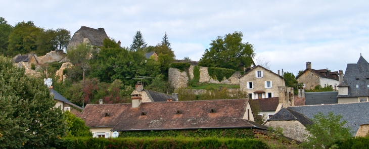 Ruine du château et un coin du bourg, en 2013; - Coly