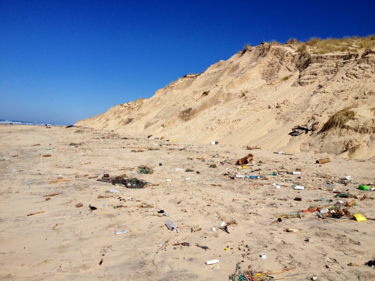 Les nombreux déchets déposés sur la plage par les forts courants et marées de l'hiver 2013/2014. - Le Porge