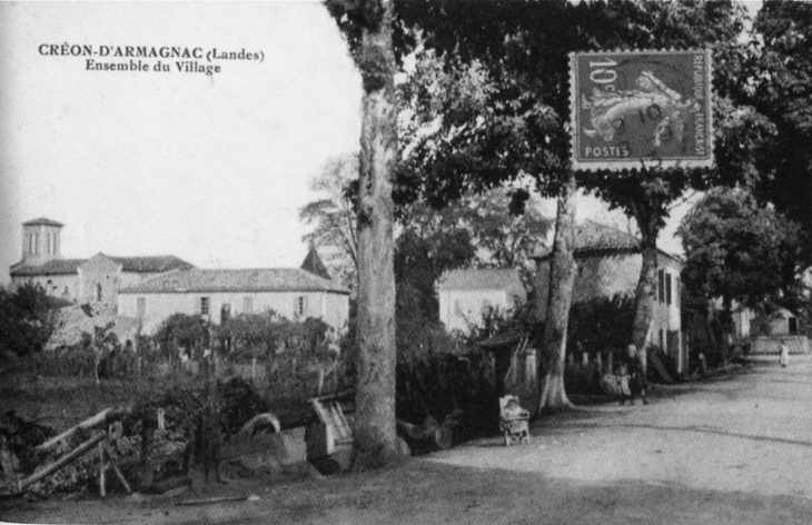 Début XXe siècle, ensemble du village (carte postale ancienne). - Créon-d'Armagnac