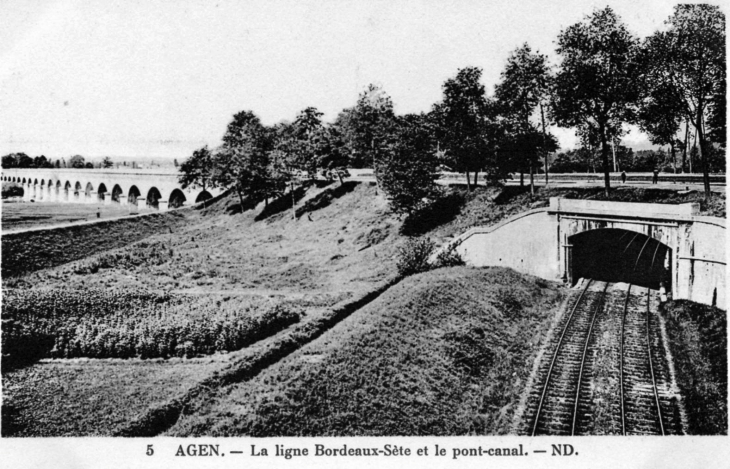 La-ligne-bordeaux-sete-et-le-pont-canal, vers 1920 (carte postale ancienne). - Agen