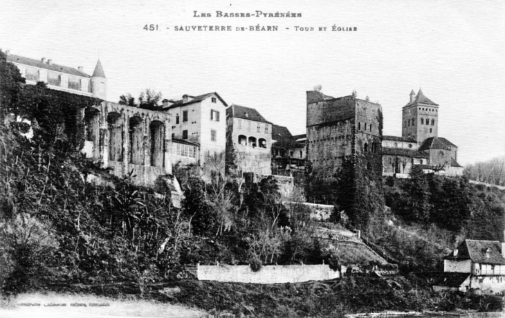 Tour et Eglise, vers 1910 (carte postale ancienne). - Sauveterre-de-Béarn