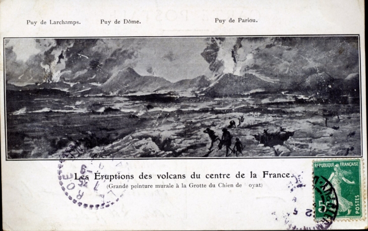 Grande peinture murale à la Grotte du Chien de Royat, vers 1907 (carte postale ancienne).