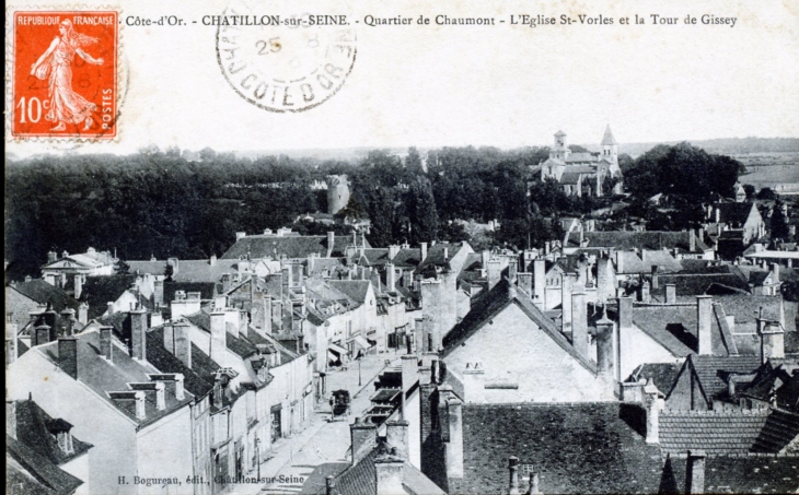 Quartier de Chaumon - L'église Saint Vorles et la Tour de Gissey, vers 1910 (carte postale ancienne). - Châtillon-sur-Seine