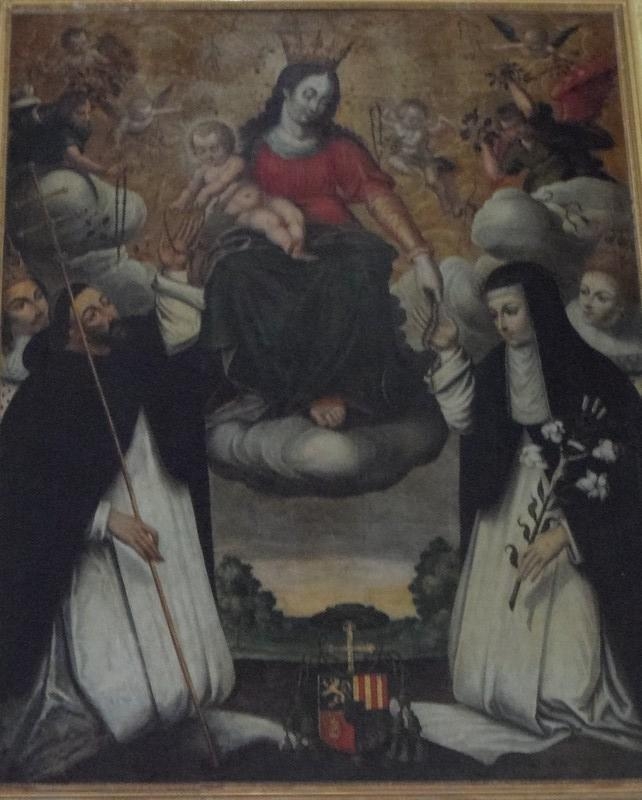 Le tableau de notre Dame du Rosaire classé monument historique est du XVIIe siècle. Au centre Marie et l'enfant Jésus, à gauche Dominique et derrière Louis XIII et à droite Catherine de Sienne et derrière Anne d'Autriche.  - Saint-Julien-du-Sault