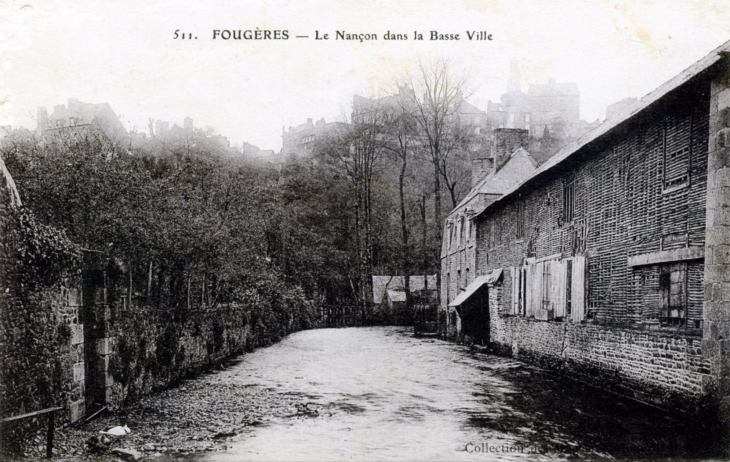 Le Nançon dans la Basse Ville, vers 1913 (carte postale ancienne). - Fougères