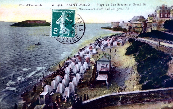 Plage de Bon Secours et Grand Blé, vers 1910 (carte postale ancienne). - Saint-Malo