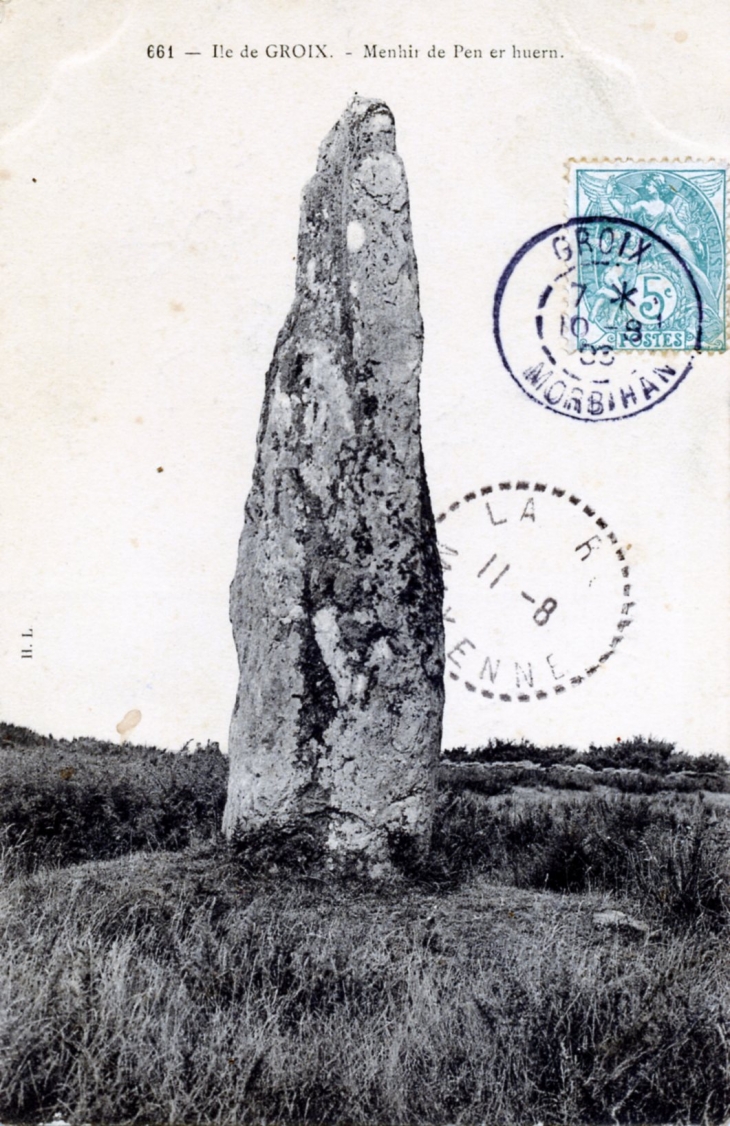 Ile de Groix : Menhir de Pen er Huern, vers 1906 (carte postale ancienne).