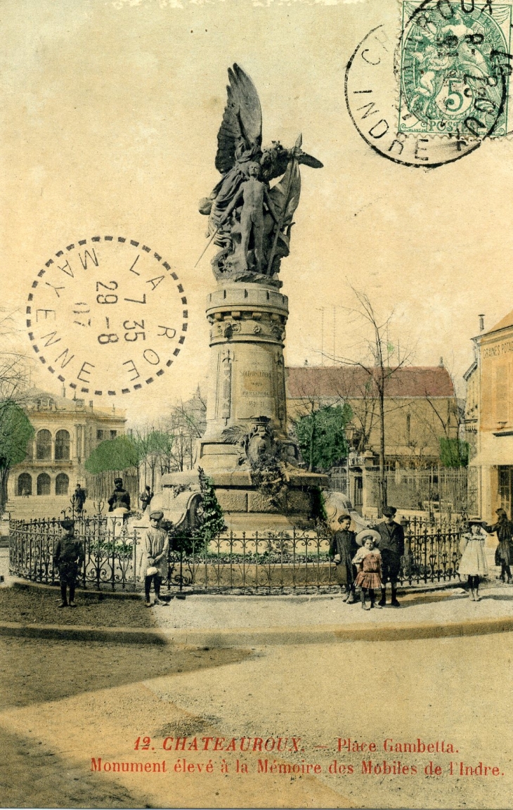 Place Gambetta -Monument élevé à la Mémoire des Mobiles de l'Indre (carte postale de 1907) - Châteauroux