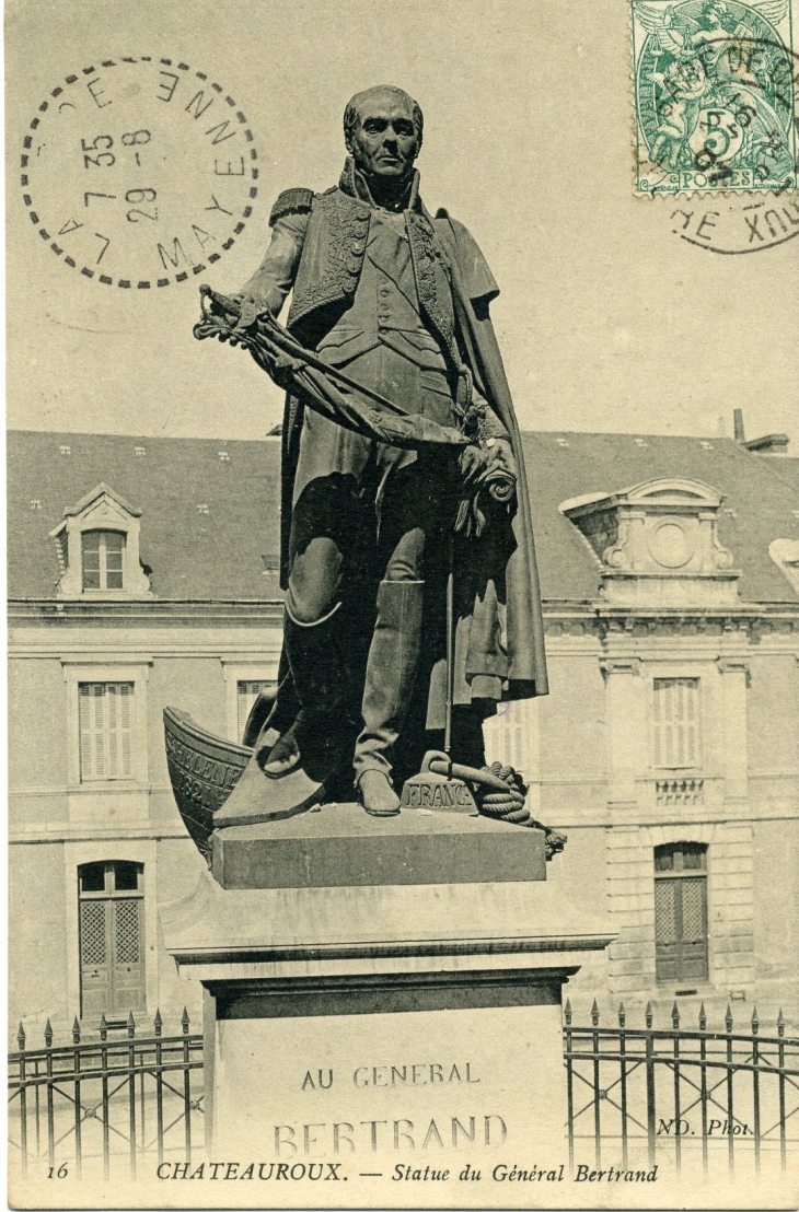 Statue du Général Bertrand (carte postale de 1907) - Châteauroux