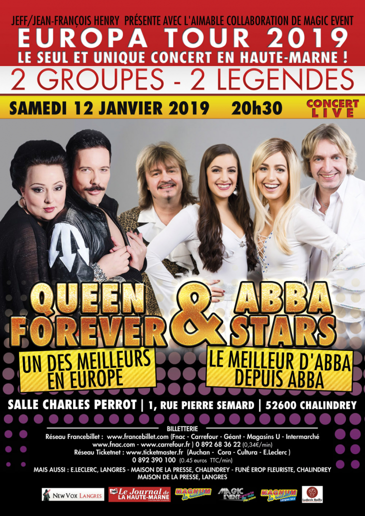 Concert QUEEN FOREVER & ABBA STARS SAMEDI 12 JANVIER 2019 - Chalindrey