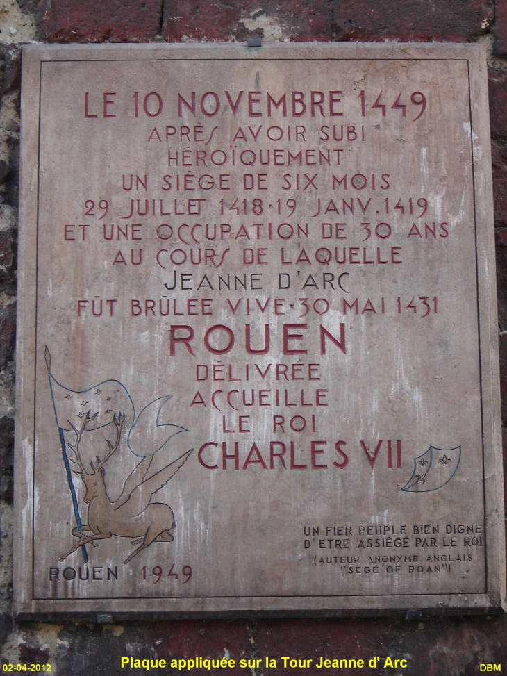 Plaque appliquée sur la Tour Jeanne d' Arc - Rouen