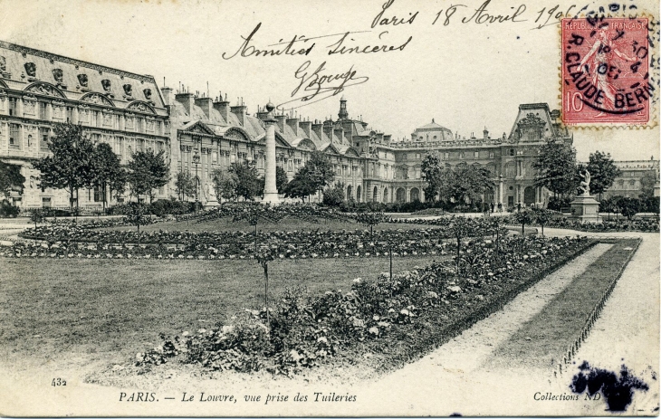 Le Louvre, vue prise des Tuileries (carte postale de 1905) - Paris 1er Arrondissement