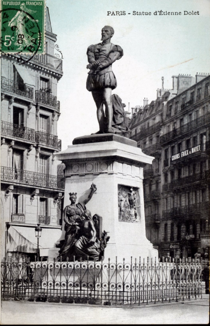 Statue d'Etienne Dolet, vers 1908 (carte postale ancienne). - Paris 5e Arrondissement