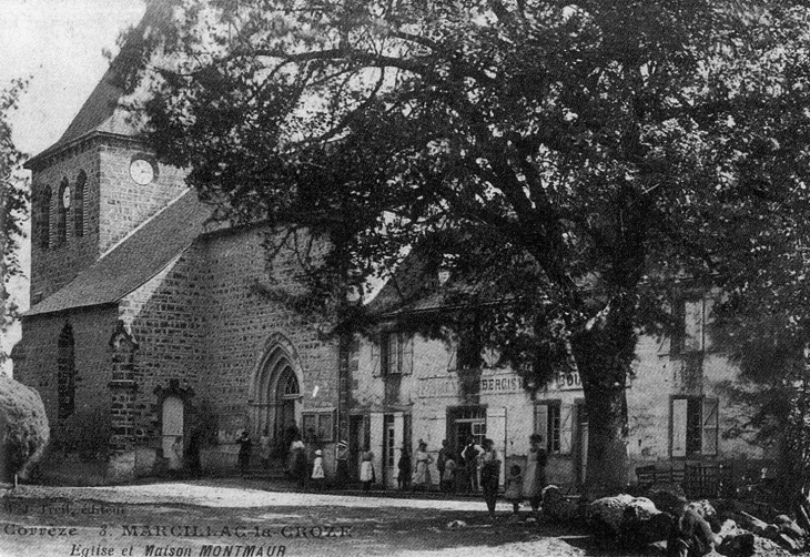 Début 1912 - Église avec ses vitraux du XIXe siècle créés par Louis Gesta de Toulouse (carte postale ancienne). - Marcillac-la-Croze