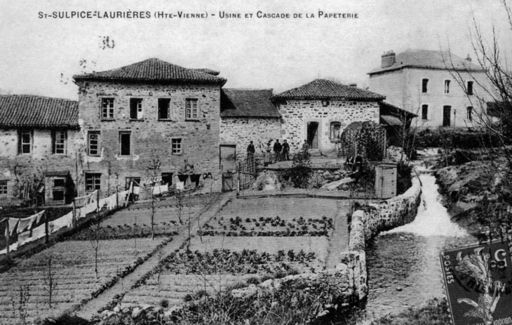 Usine et cascade de la Papeterie, vers 1912 (carte postale ancienne). - Saint-Sulpice-Laurière