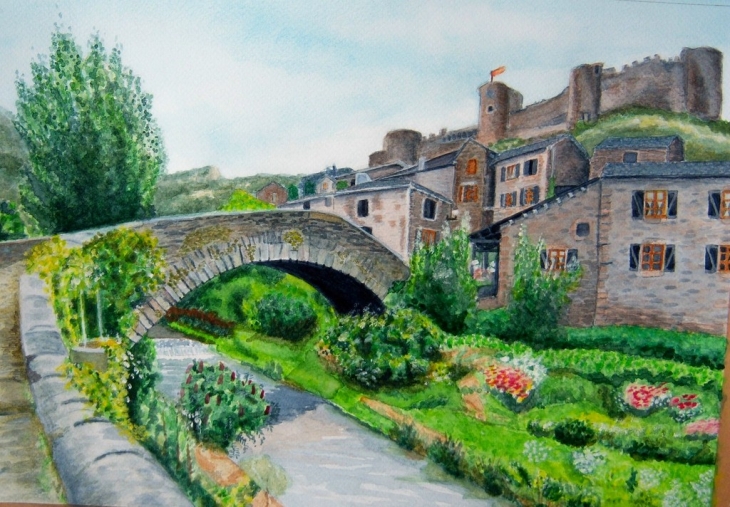 Brousse aquarelle le pont, la rivière, le village - Brousse-le-Château