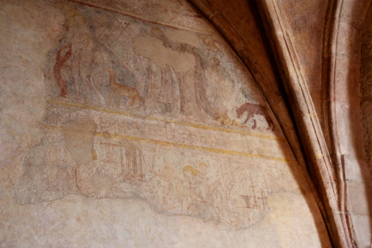 Peinture murale : Les détails vestimentaires des personnages permettent de la dater entre le XIIIe et le XIVe siècles. - Sainte-Radegonde