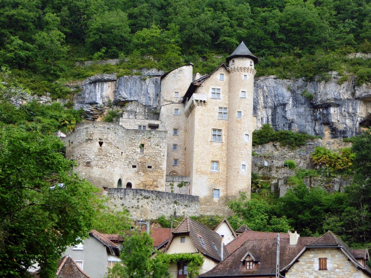 Le château entre la falaise et les maisons - Larroque-Toirac