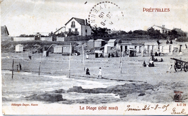 La plage, côté nord, vers 1905 (carte postale ancienne). - Préfailles
