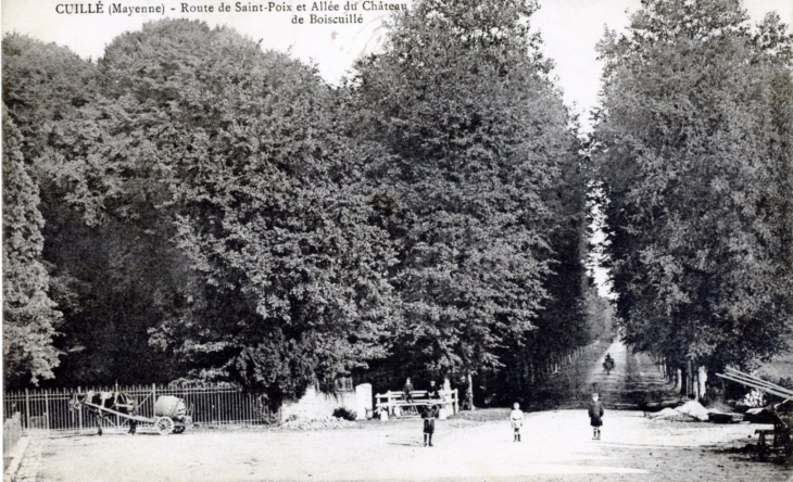 Route de Saint Poix et Allée du château de Boiscuillé, vers 1917 (carte postale ancienne).