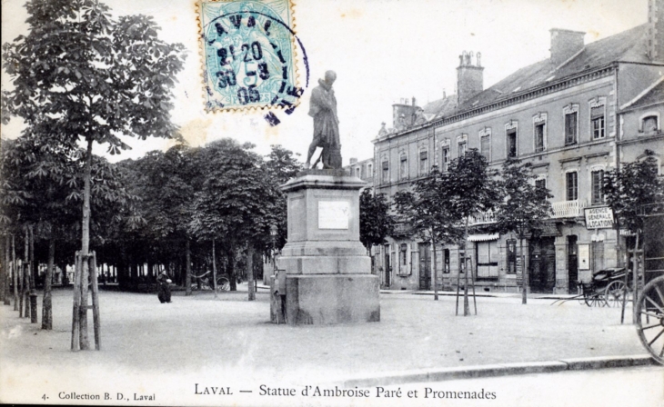 Statue d'Ambroise Paré et promenades, vers 1905 (carte postale ancienne). - Laval