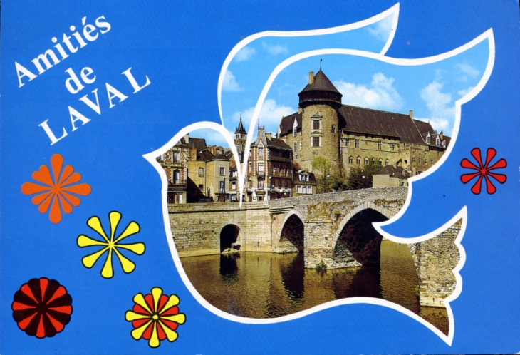 Le Château et le Vieux Pont, carte postale 1980. - Laval