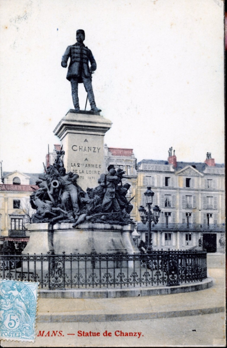 Statue de Chanzy, vers 1905 (carte postale ancienne). - Le Mans