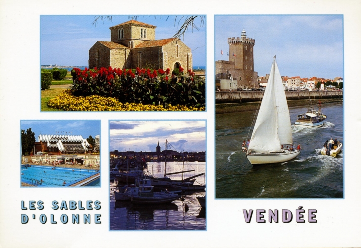 La Tour d'Arundel - Eglise Saint Nicolas à la Chaume - Le Casino - Le port au crépuscule, vers 1990 (carte postale). - Les Sables-d'Olonne