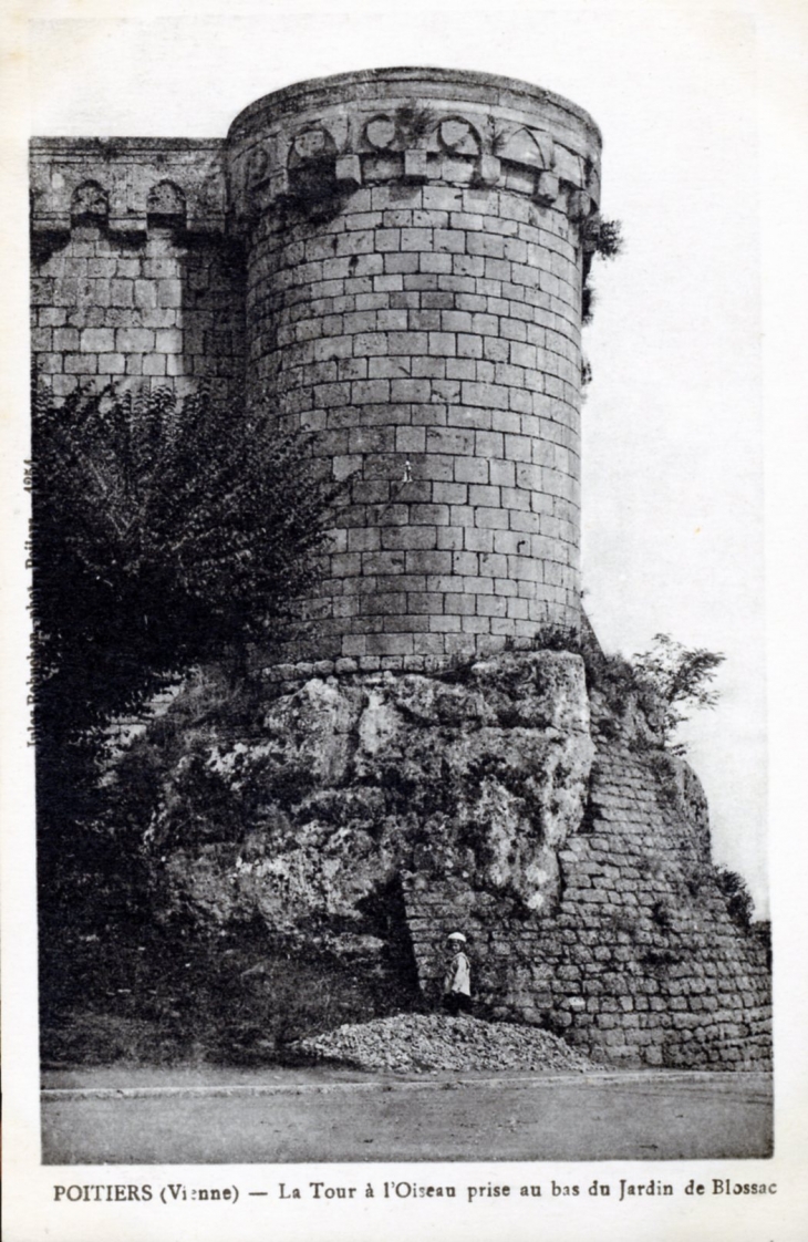 La Tour de l'Oiseau prise au bas du jardin de Blossac, vers 1920 (carte postale ancienne). - Poitiers