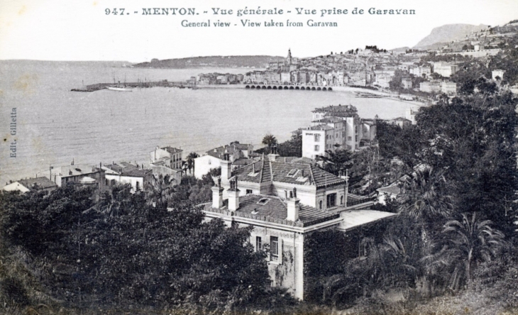 Vue générale - Vue prise de Garavan, vers 1920 (carte postale ancienne). - Menton