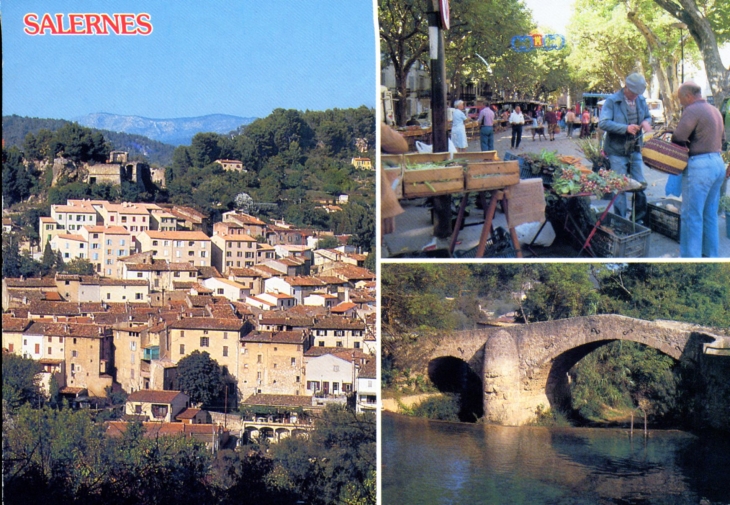 La colline, le marché et le pont romain (carte postale de 1990). - Salernes