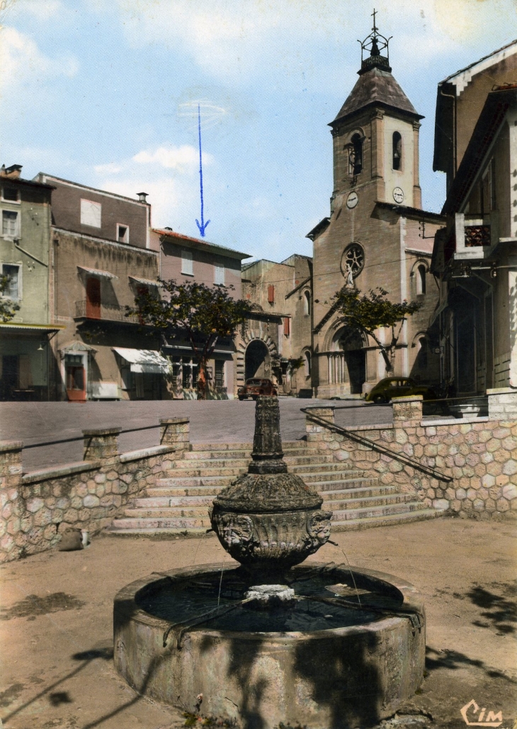 La Fontaine et Place de l'église (carte postale de 1968) - Beaumes-de-Venise