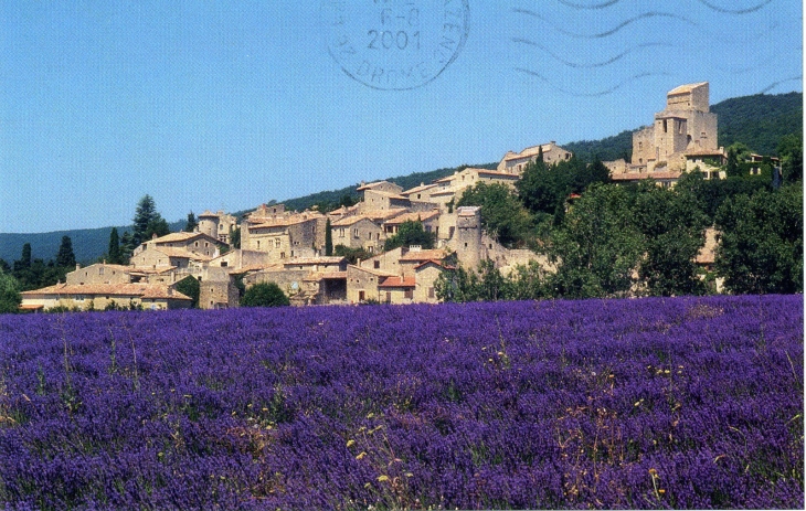 Village médiéval dominé par une ancienne commanderie de Malte, semblant émergé d'un champ de lavande (carte postale de 2000) - Le Poët-Laval
