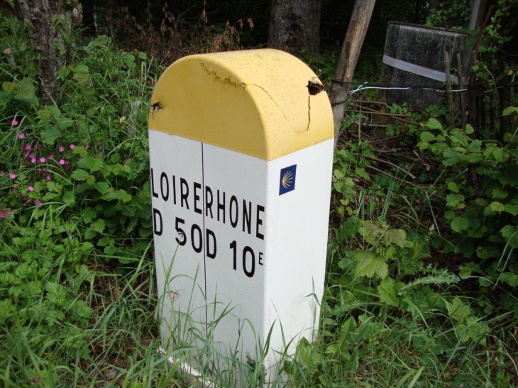 Belleroche (42670) Belleroche (Loire) - Les Écharmaux (Rhône), borne  entre départements, balisage St.Jacques